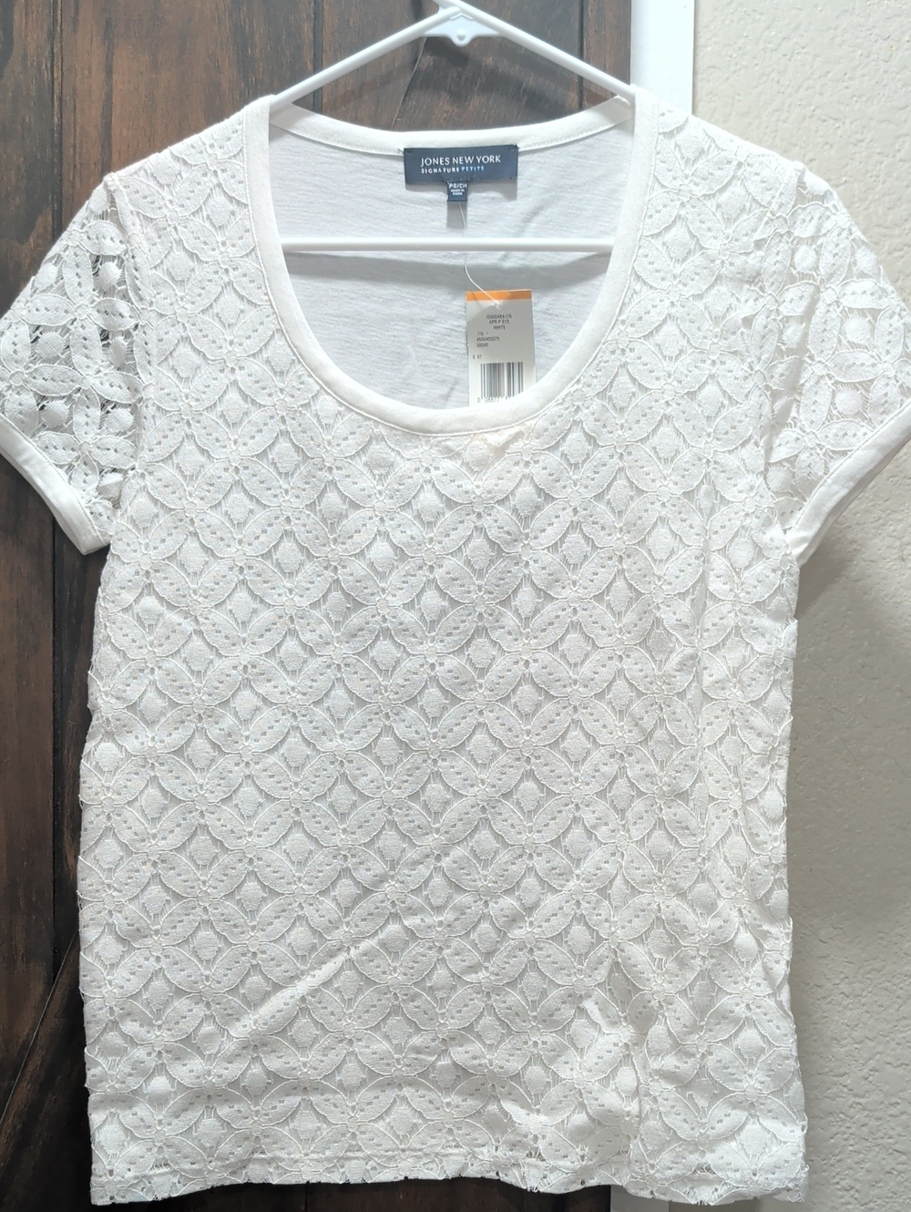 Jones New York White Lace-Overlay Short Sleeve Tee